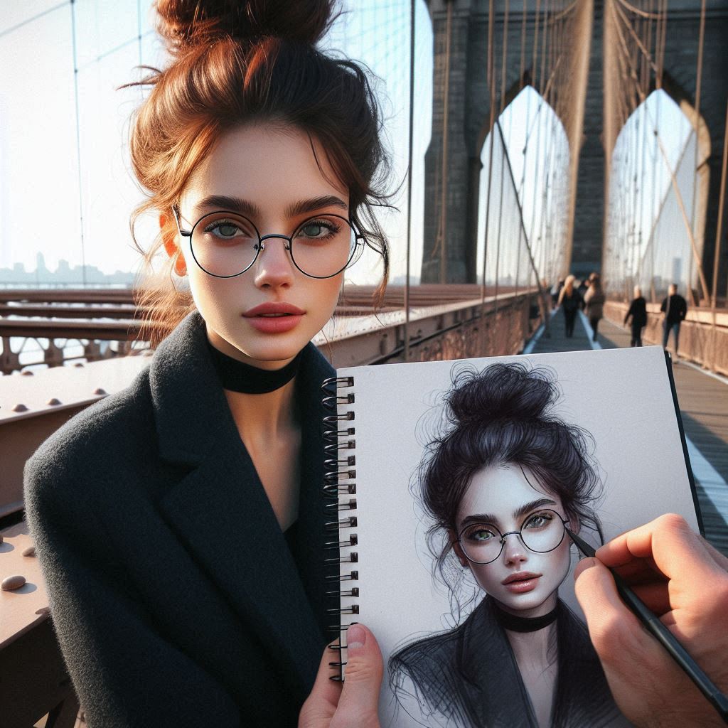 Ashley sur le pont de Brooklyn, dessiné par Josh